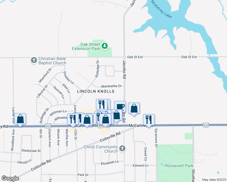 map of restaurants, bars, coffee shops, grocery stores, and more near 114 Gluck Street in Youngstown