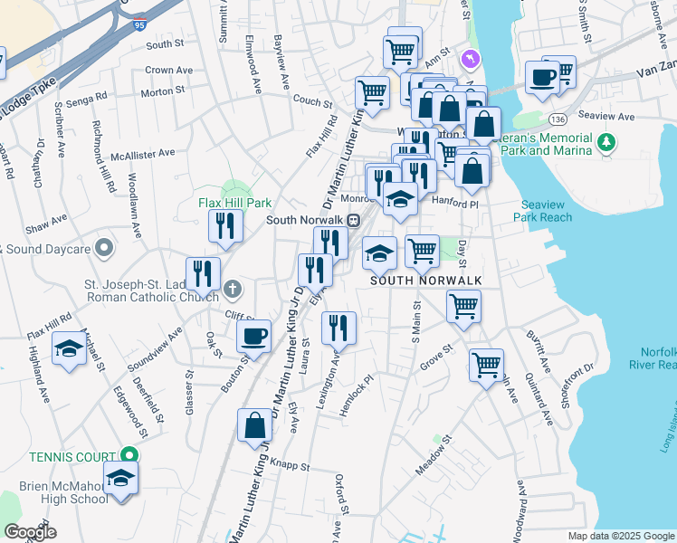 map of restaurants, bars, coffee shops, grocery stores, and more near 5 Mulvoy Street in Norwalk