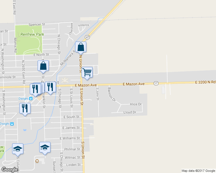 map of restaurants, bars, coffee shops, grocery stores, and more near 109 Bannon Drive in Dwight
