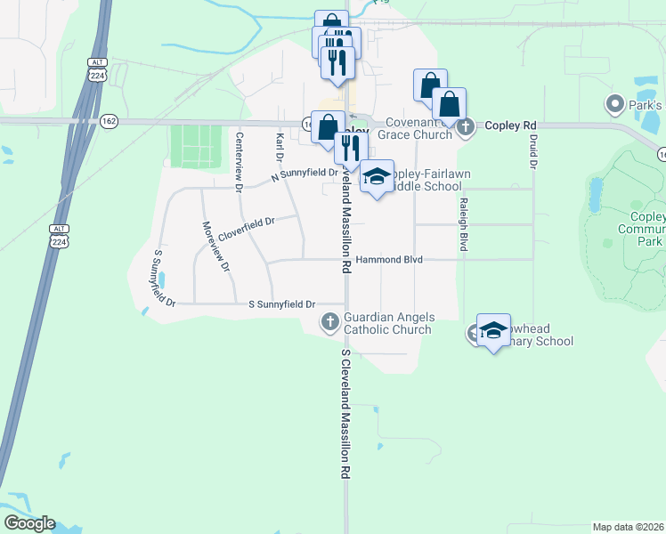 map of restaurants, bars, coffee shops, grocery stores, and more near 3532 Hammond Boulevard in Akron