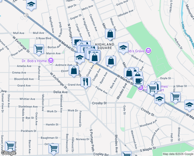 map of restaurants, bars, coffee shops, grocery stores, and more near 53 Dodge Avenue in Akron