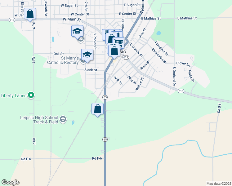 map of restaurants, bars, coffee shops, grocery stores, and more near 426 Rush Street in Leipsic