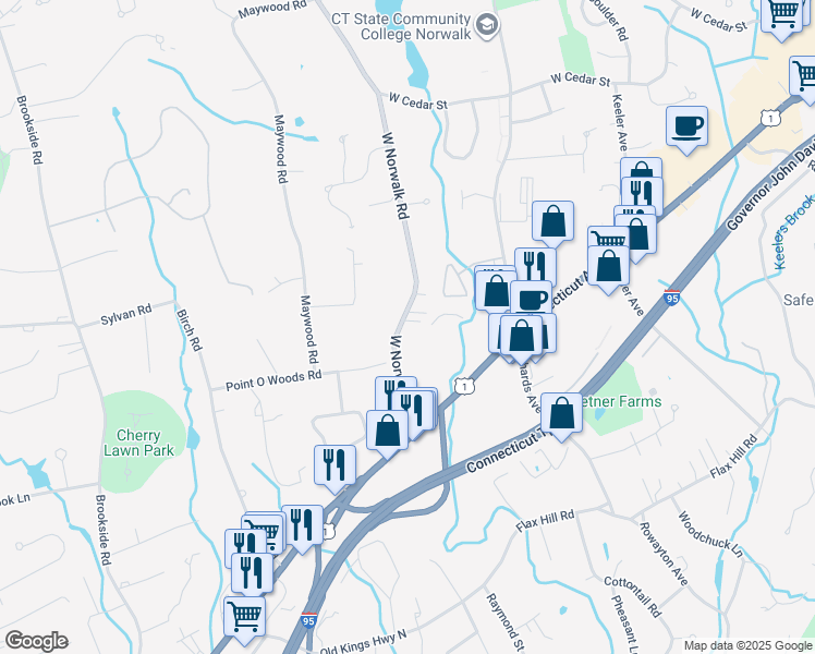 map of restaurants, bars, coffee shops, grocery stores, and more near 36 West Norwalk Road in Norwalk