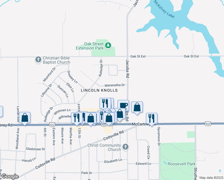 map of restaurants, bars, coffee shops, grocery stores, and more near 114 Gluck Street in Youngstown