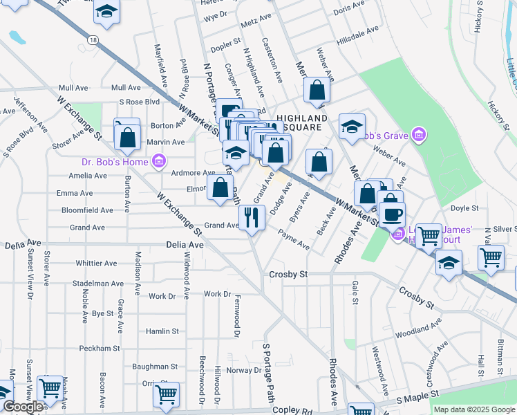 map of restaurants, bars, coffee shops, grocery stores, and more near 73 Grand Avenue in Akron