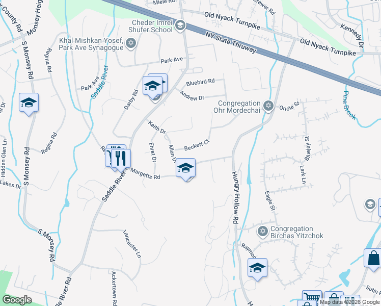 map of restaurants, bars, coffee shops, grocery stores, and more near 5 Beckett Ct in Monsey
