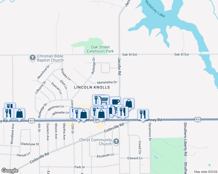 map of restaurants, bars, coffee shops, grocery stores, and more near 156 Gluck Street in Youngstown