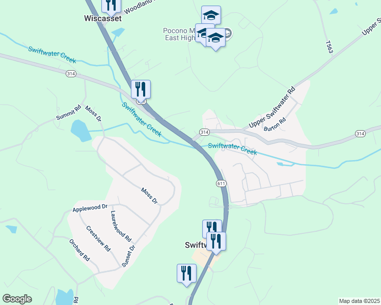 map of restaurants, bars, coffee shops, grocery stores, and more near 1940 Pennsylvania 611 in Swiftwater