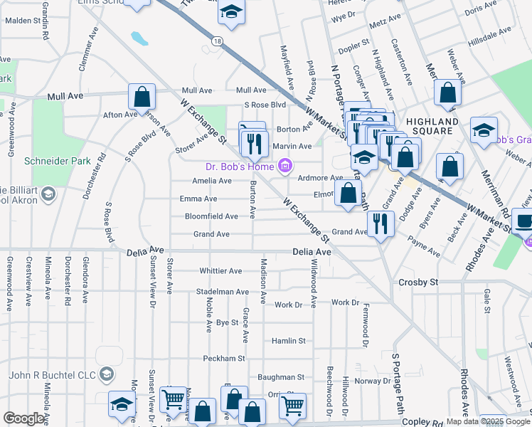 map of restaurants, bars, coffee shops, grocery stores, and more near 284 Gordon Drive in Akron