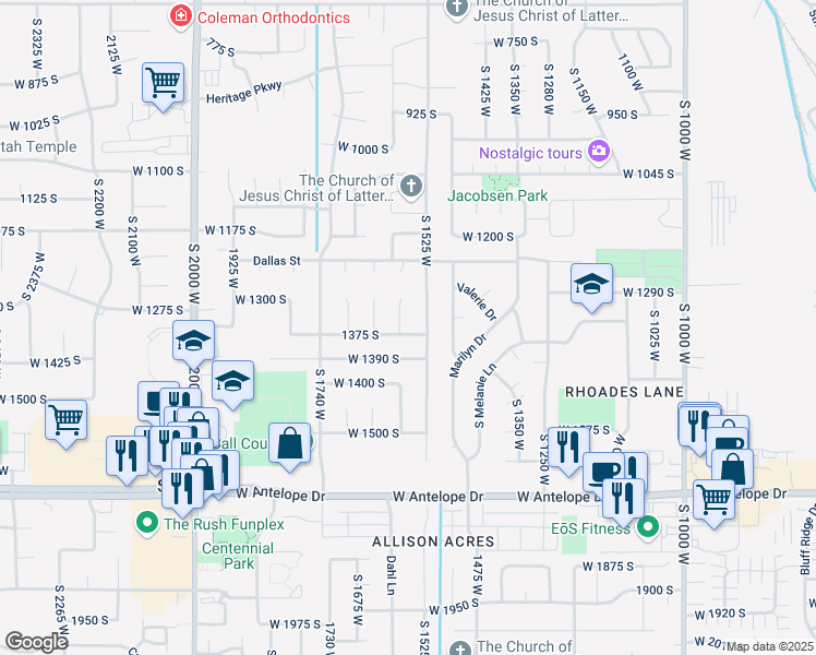 map of restaurants, bars, coffee shops, grocery stores, and more near 1361 1600 West in Syracuse