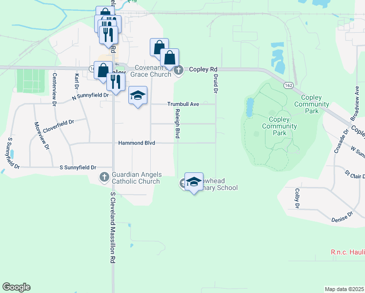 map of restaurants, bars, coffee shops, grocery stores, and more near 1517 Raleigh Boulevard in Akron