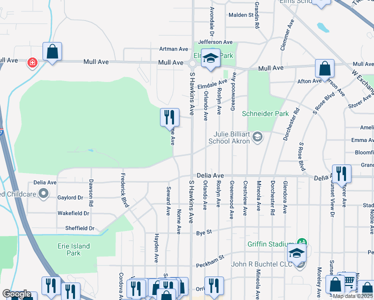 map of restaurants, bars, coffee shops, grocery stores, and more near 560 South Hawkins Avenue in Akron