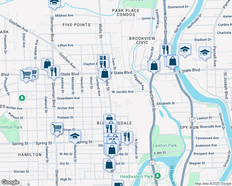 map of restaurants, bars, coffee shops, grocery stores, and more near 2000 North Wells Street in Fort Wayne