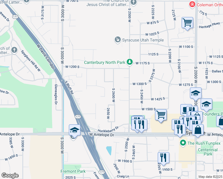 map of restaurants, bars, coffee shops, grocery stores, and more near 1370 South 2600 West in Syracuse