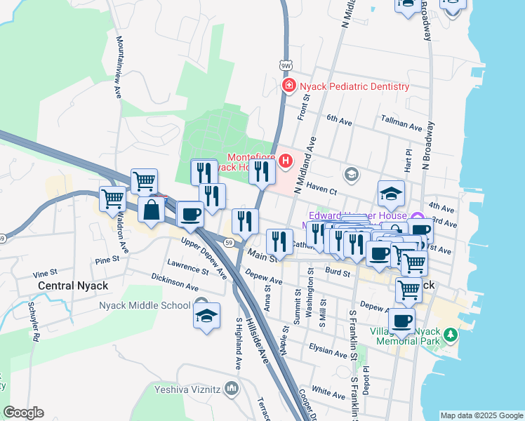 map of restaurants, bars, coffee shops, grocery stores, and more near 73 North Highland Avenue in Nyack