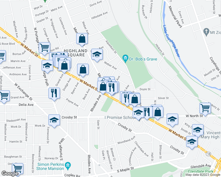 map of restaurants, bars, coffee shops, grocery stores, and more near 28 Mount View Avenue in Akron