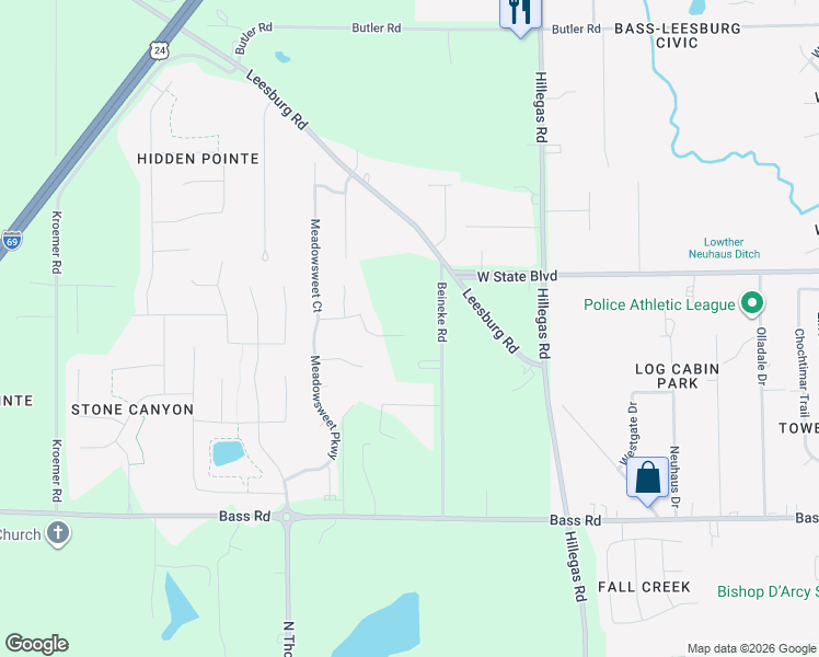map of restaurants, bars, coffee shops, grocery stores, and more near 2121 Beineke Drive in Fort Wayne