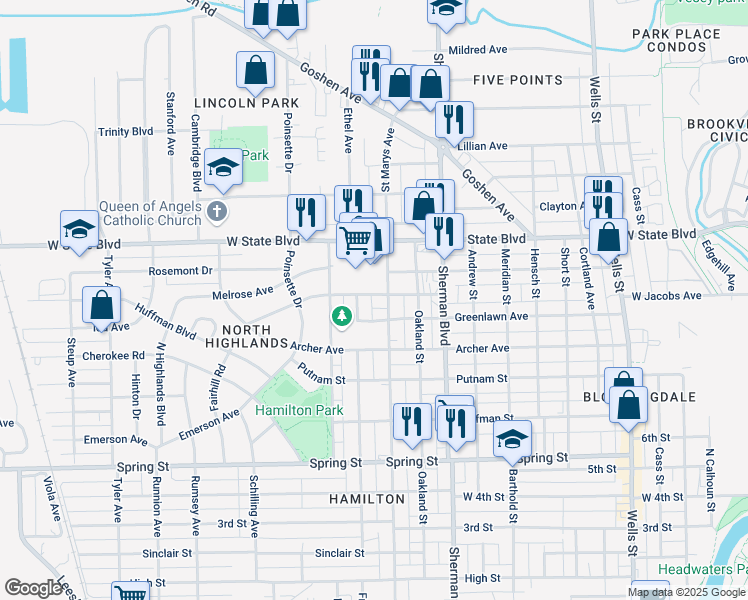 map of restaurants, bars, coffee shops, grocery stores, and more near 1113 Margaret Avenue in Fort Wayne