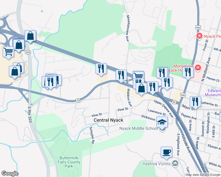 map of restaurants, bars, coffee shops, grocery stores, and more near 21 West Broadway in Nyack