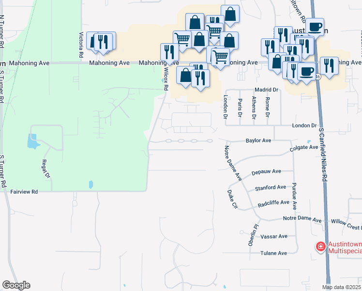 map of restaurants, bars, coffee shops, grocery stores, and more near 555 Wilcox Road in Youngstown