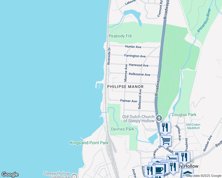 map of restaurants, bars, coffee shops, grocery stores, and more near 255 Highland Avenue in Sleepy Hollow