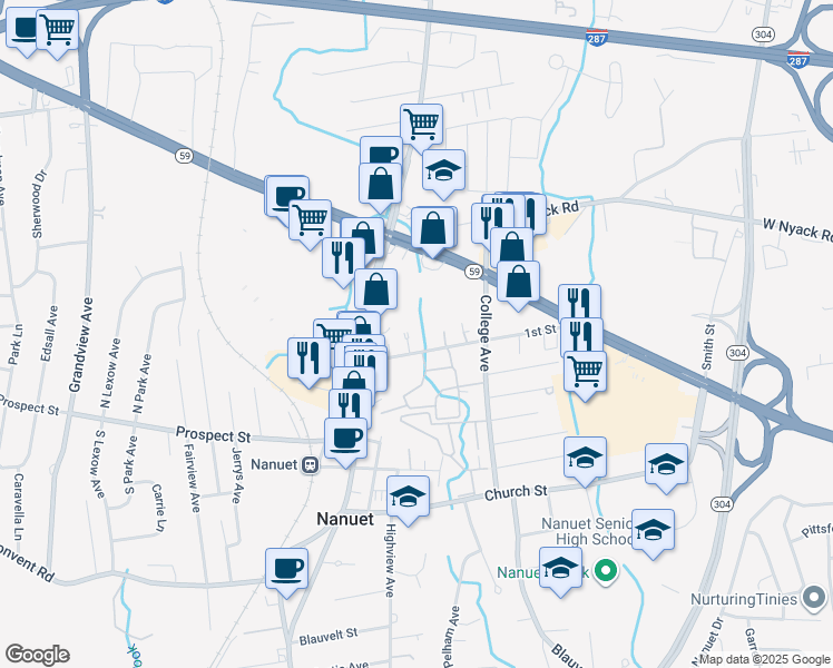 map of restaurants, bars, coffee shops, grocery stores, and more near 22 Normandy Village in Nanuet