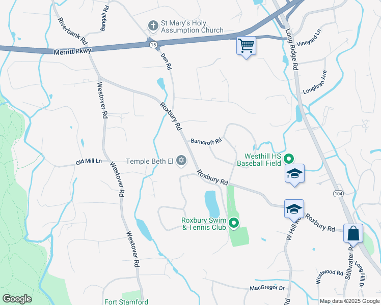 map of restaurants, bars, coffee shops, grocery stores, and more near 350 Roxbury Road in Stamford