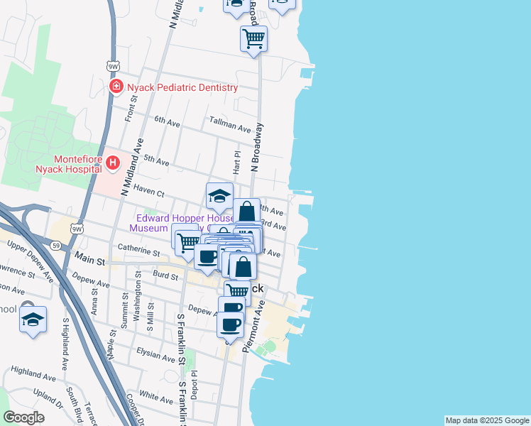 map of restaurants, bars, coffee shops, grocery stores, and more near 35 4th Ave in Nyack