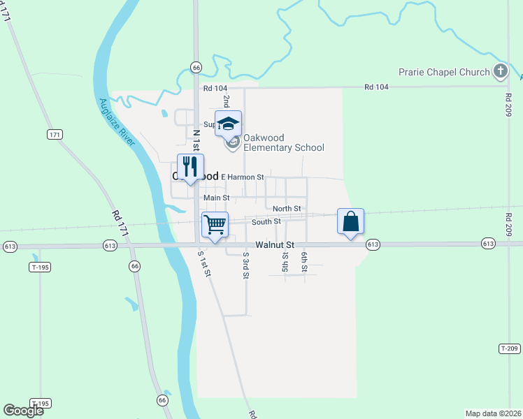 map of restaurants, bars, coffee shops, grocery stores, and more near 104 North 4th Street in Oakwood