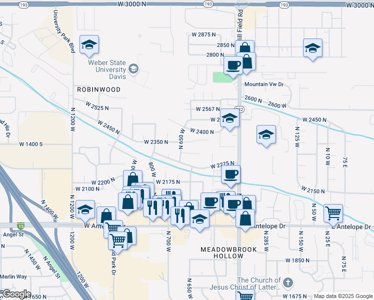 map of restaurants, bars, coffee shops, grocery stores, and more near 660 W 2325 N in Layton