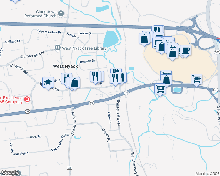 map of restaurants, bars, coffee shops, grocery stores, and more near 741 West Nyack Road in West Nyack
