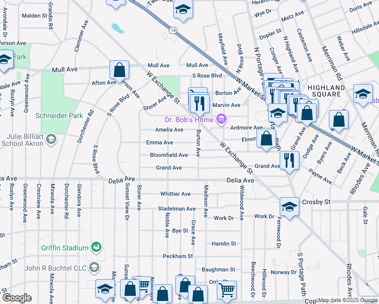 map of restaurants, bars, coffee shops, grocery stores, and more near 1001 Bloomfield Avenue in Akron
