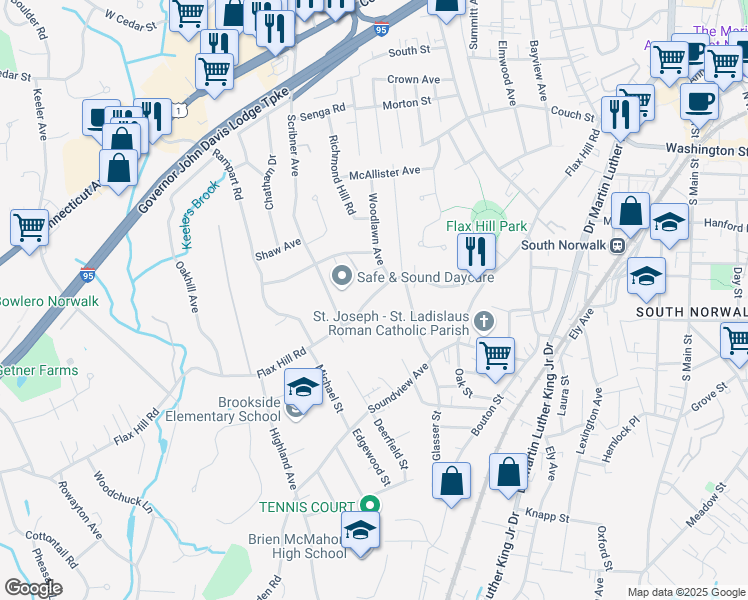 map of restaurants, bars, coffee shops, grocery stores, and more near 306 Flax Hill Road in Norwalk