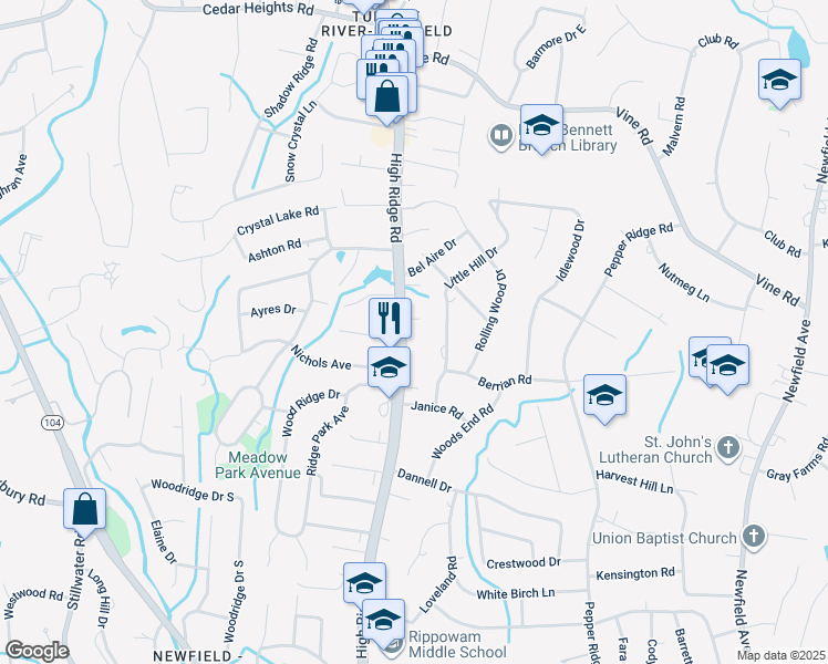 map of restaurants, bars, coffee shops, grocery stores, and more near 98 Little Hill Drive in Stamford