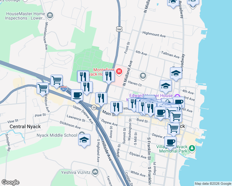 map of restaurants, bars, coffee shops, grocery stores, and more near 80 North Midland Avenue in Nyack