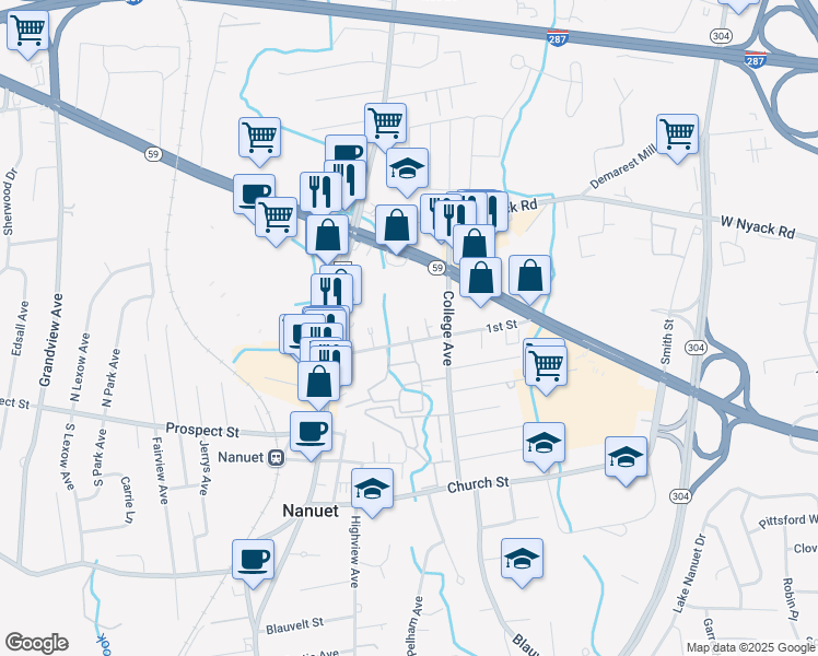 map of restaurants, bars, coffee shops, grocery stores, and more near 25 Normandy Village in Nanuet