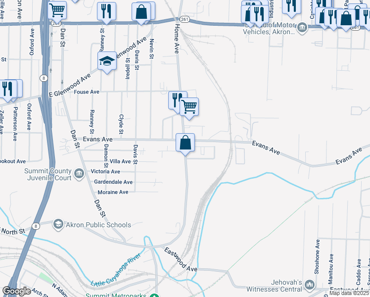 map of restaurants, bars, coffee shops, grocery stores, and more near 847 Home Avenue in Akron