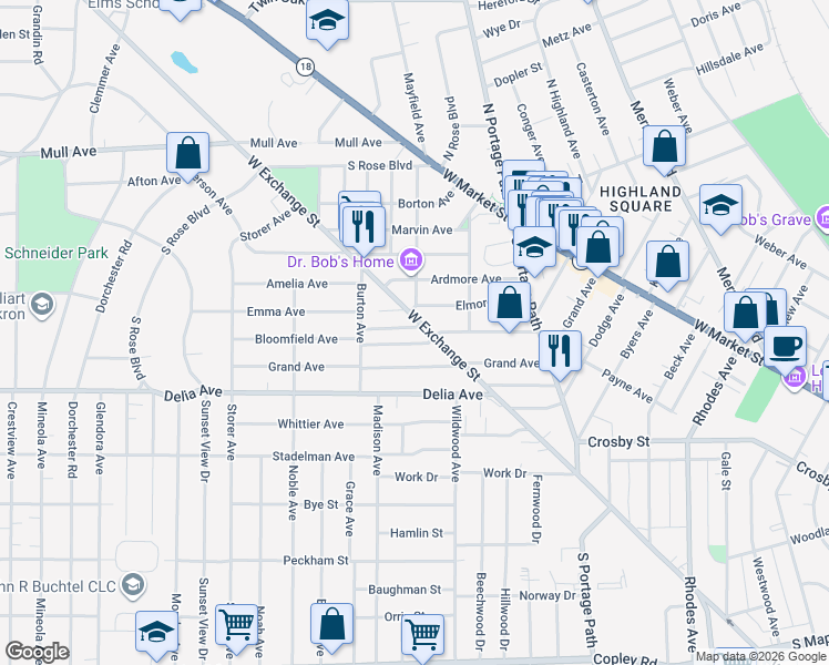 map of restaurants, bars, coffee shops, grocery stores, and more near 911 Bloomfield Avenue in Akron