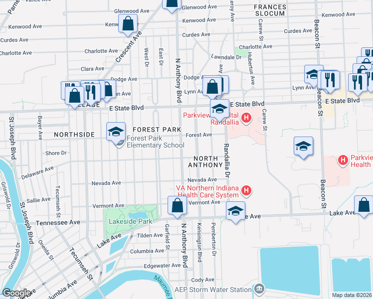 map of restaurants, bars, coffee shops, grocery stores, and more near 1909 Kensington Boulevard in Fort Wayne