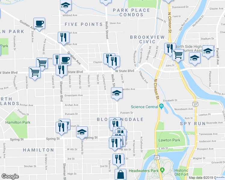 map of restaurants, bars, coffee shops, grocery stores, and more near 2009 North Wells Street in Fort Wayne