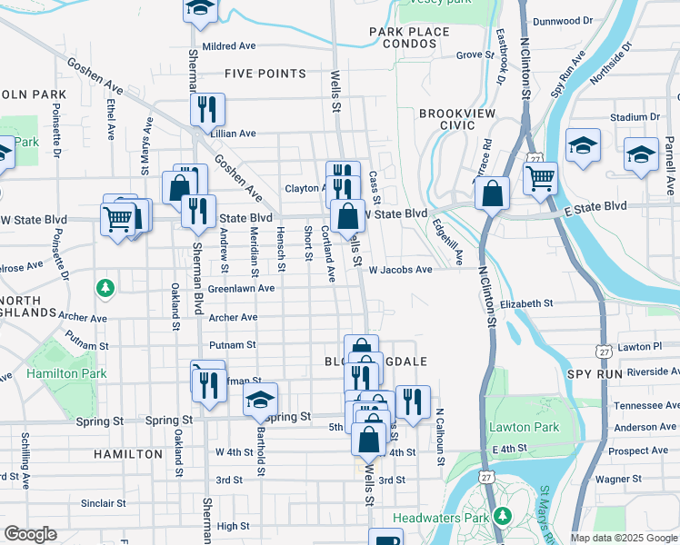 map of restaurants, bars, coffee shops, grocery stores, and more near 2015 Cortland Avenue in Fort Wayne