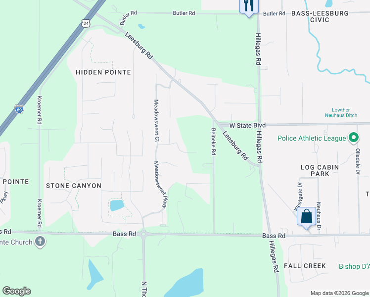 map of restaurants, bars, coffee shops, grocery stores, and more near 2121 Beineke Drive in Fort Wayne