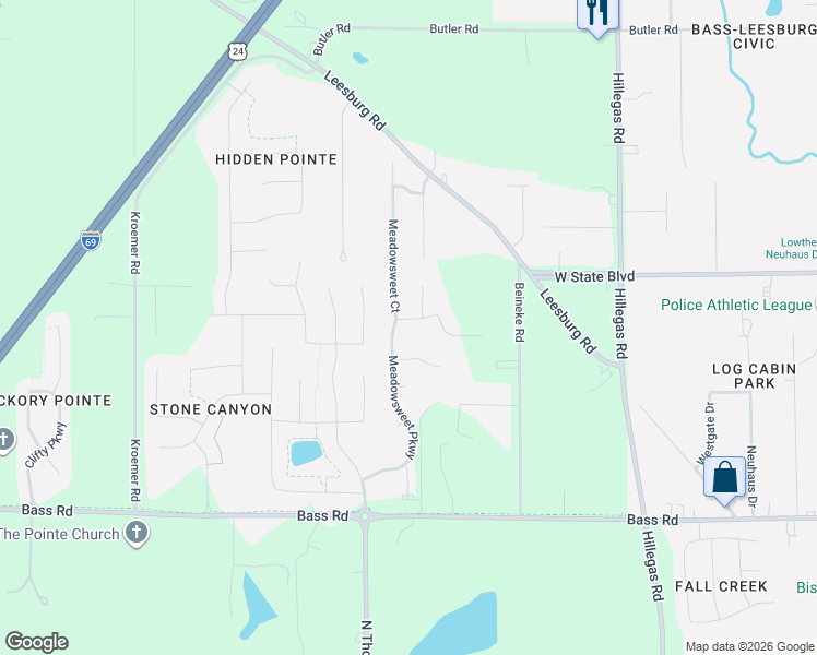 map of restaurants, bars, coffee shops, grocery stores, and more near 2200-2308 Meadowsweet Court in Fort Wayne