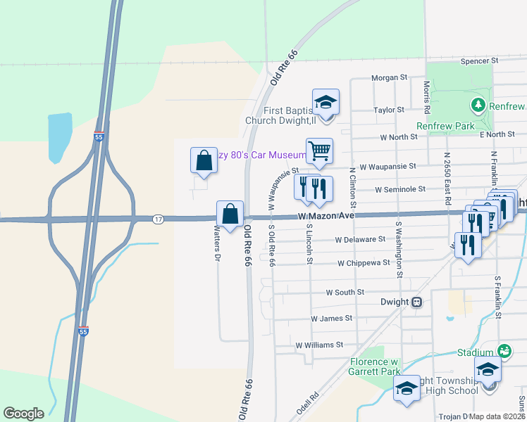 map of restaurants, bars, coffee shops, grocery stores, and more near 502 West Mazon Avenue in Dwight