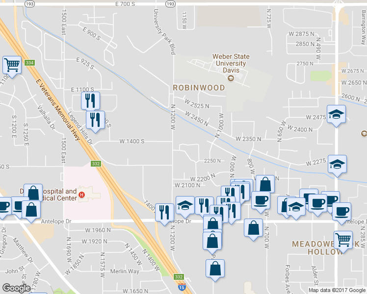 map of restaurants, bars, coffee shops, grocery stores, and more near 1155 West 2325 North in Layton