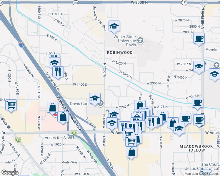 map of restaurants, bars, coffee shops, grocery stores, and more near 1163 West 2325 North in Layton