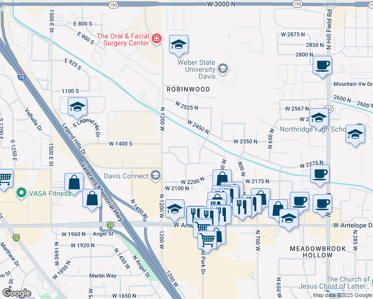 map of restaurants, bars, coffee shops, grocery stores, and more near 1089 West 2325 North in Layton