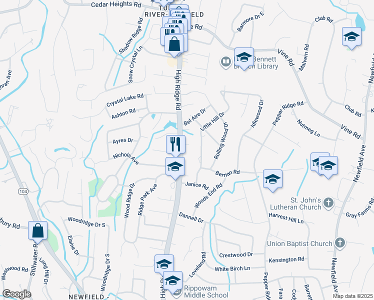 map of restaurants, bars, coffee shops, grocery stores, and more near 98 Little Hill Drive in Stamford