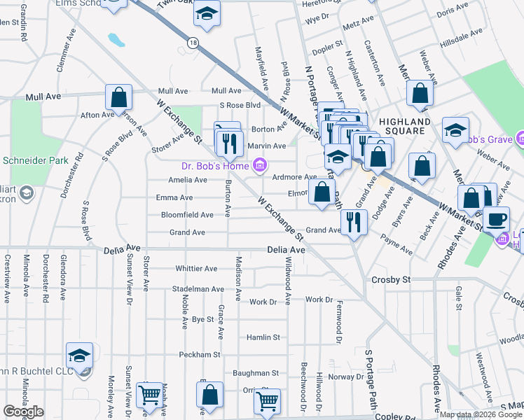 map of restaurants, bars, coffee shops, grocery stores, and more near 911 Bloomfield Avenue in Akron