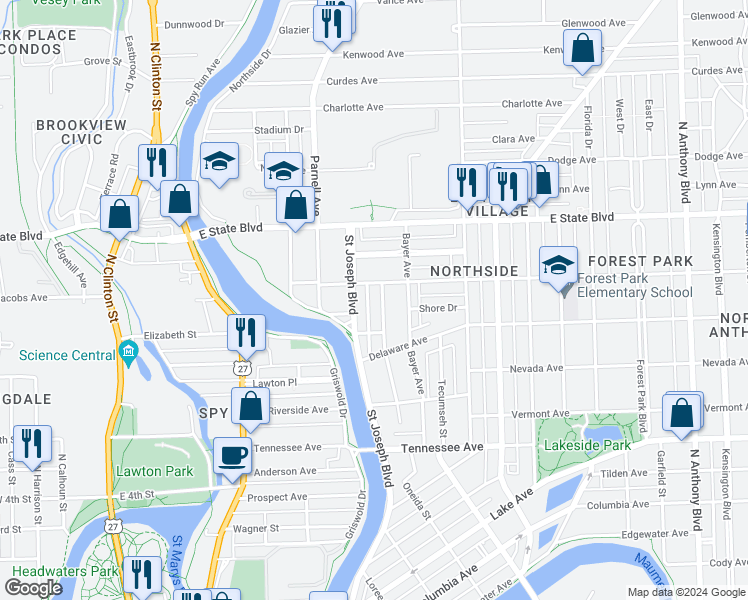 map of restaurants, bars, coffee shops, grocery stores, and more near 2017 Hillside Avenue in Fort Wayne